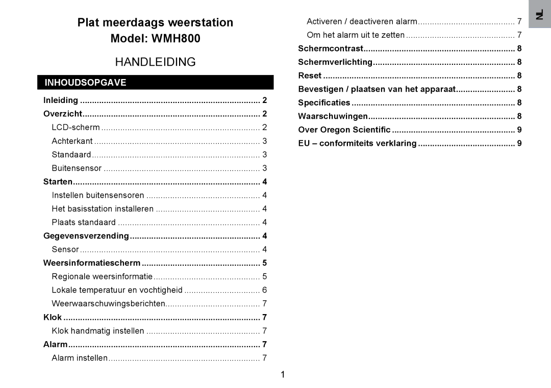 Oregon Scientific WMH800 user manual Inhoudsopgave 