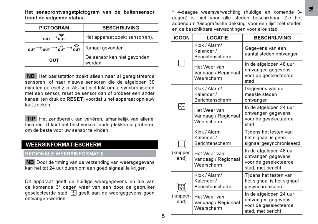 Oregon Scientific WMH800 user manual WEERSINFORMAtIEScHERM, Regionale WEERSINFORMAtIE, IcOON LOcAtIE BEScHRIJVING 