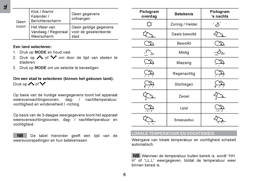 Oregon Scientific WMH800 Een land selecteren, Pictogram Betekenis Overdag ‘s nachts, Lokale tEMPERAtUUR EN VOcHtIGHEID 