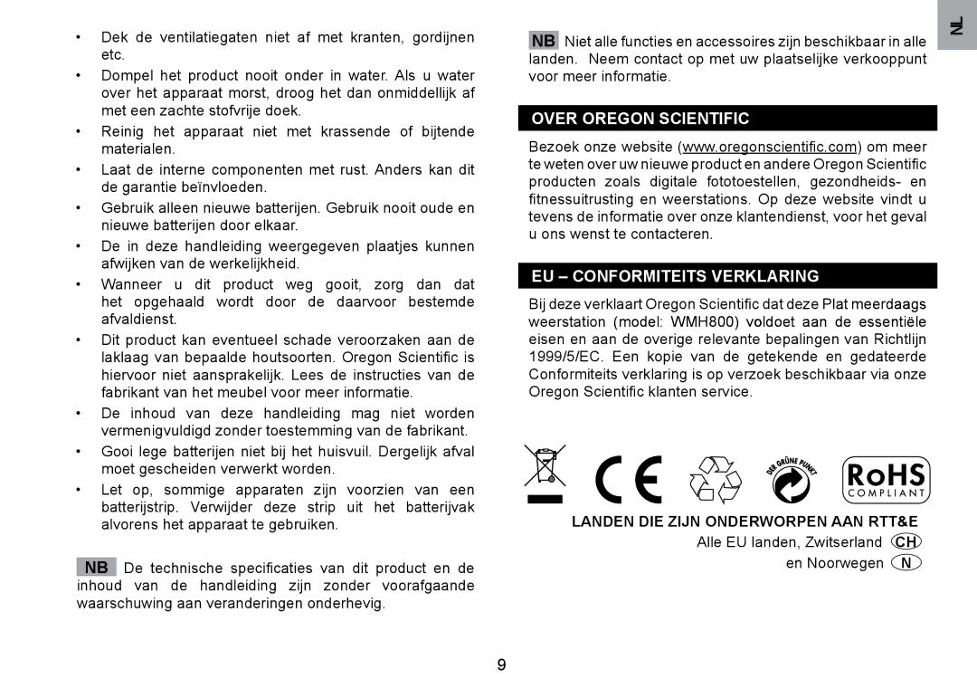 Oregon Scientific WMH800 Over Oregon ScIENtIFIc EU cONFORMItEItS Verklaring, Landen DIE zIJN Onderworpen AAN Rtt&E 