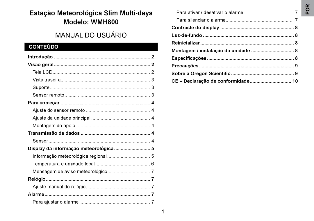 Oregon Scientific WMH800 user manual Conteúdo 