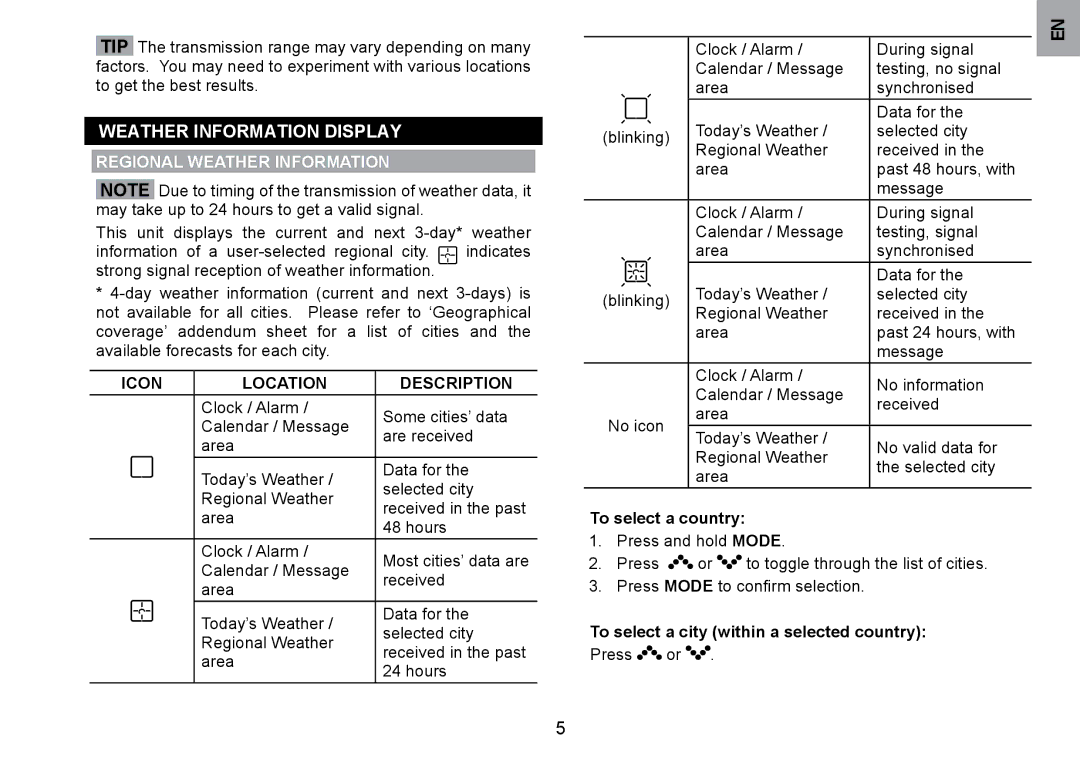 Oregon Scientific WMH800 user manual Weater Information DISPLAy, Regional Weater Information, Icon Location Description 