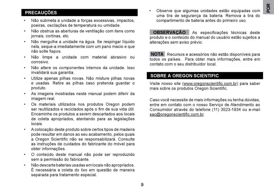 Oregon Scientific WMH800 user manual PRECAuçõES, Sobre a OREgON Scientific 