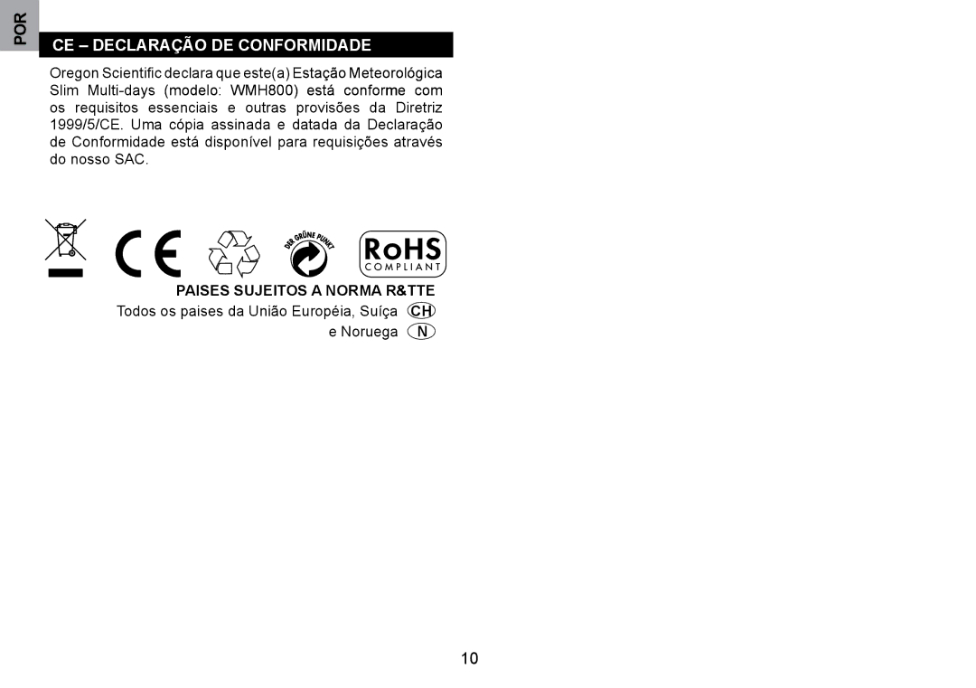 Oregon Scientific WMH800 user manual CE DECLARAçãO DE Conformidade, Paises SujEITOS a Norma R&TTE, Noruega 