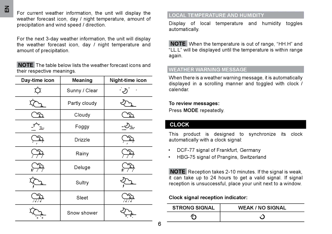 Oregon Scientific WMH800 user manual CLOCk, Local Temperature and UMIDITy, Weater Warning Message, Strong Signal 