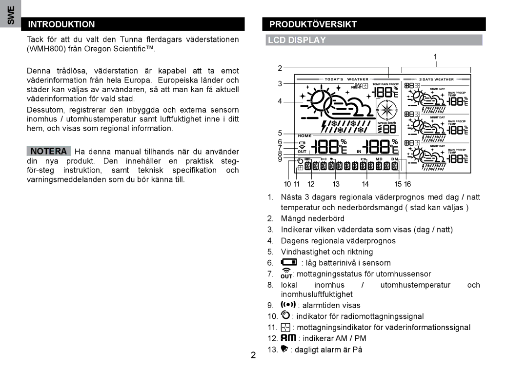 Oregon Scientific WMH800 user manual IntroduktIon, ProduktövErSIkt LCD DISPLAy 