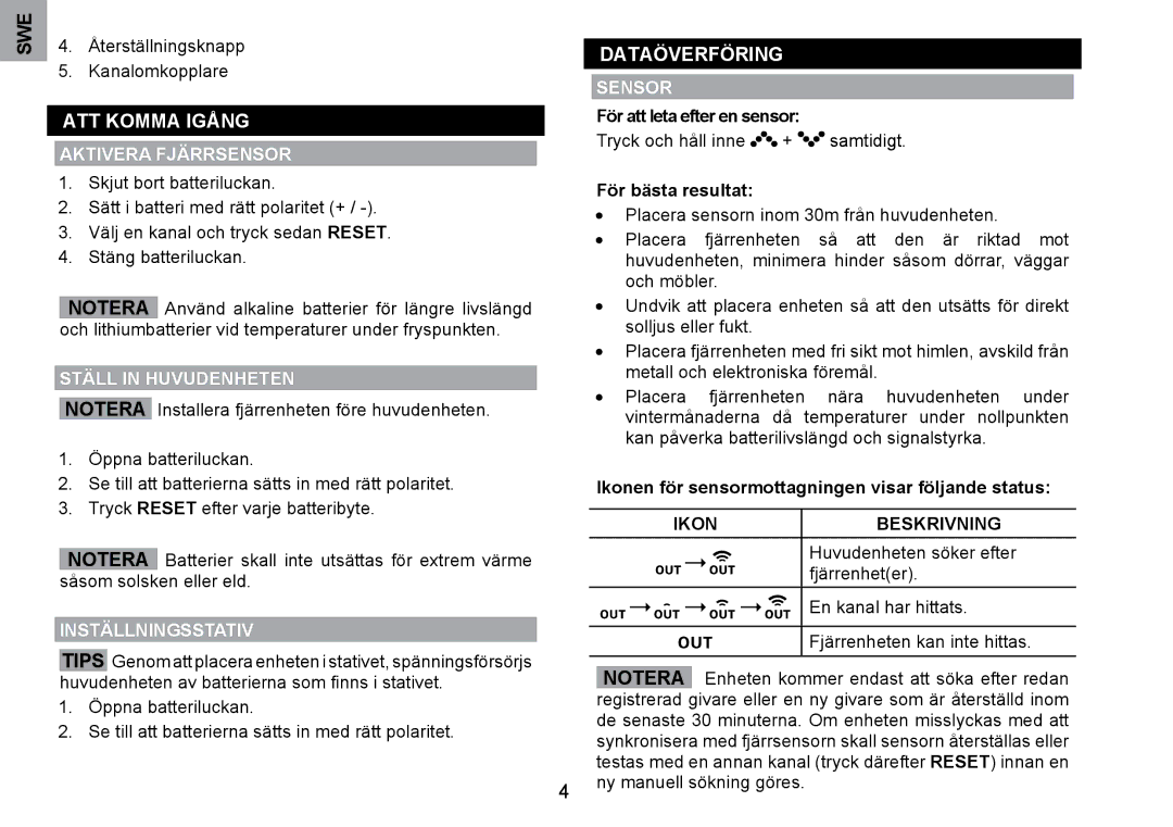 Oregon Scientific WMH800 user manual ATT Komma Igång, DATAöVERFöRING, Beskrivning 