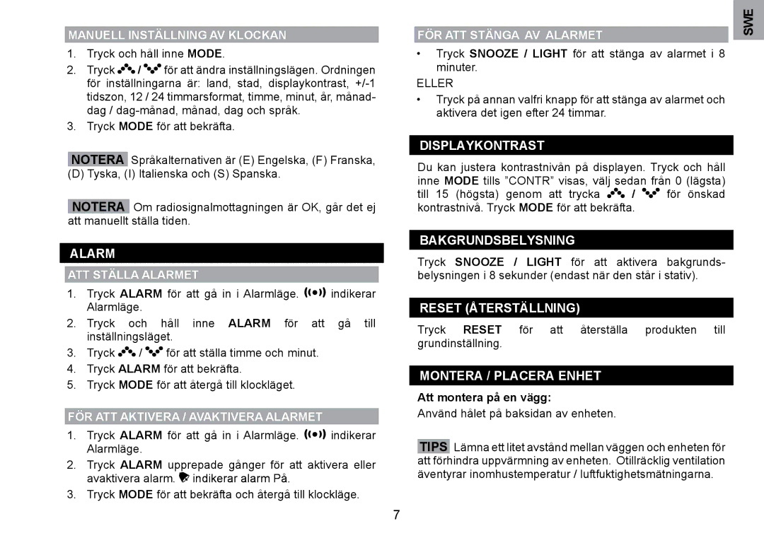 Oregon Scientific WMH800 user manual DISPLAyKONTRAST, BAKGRUNDSBELySNING, Reset ÅTERSTäLLNING, Montera / Placera Enhet 