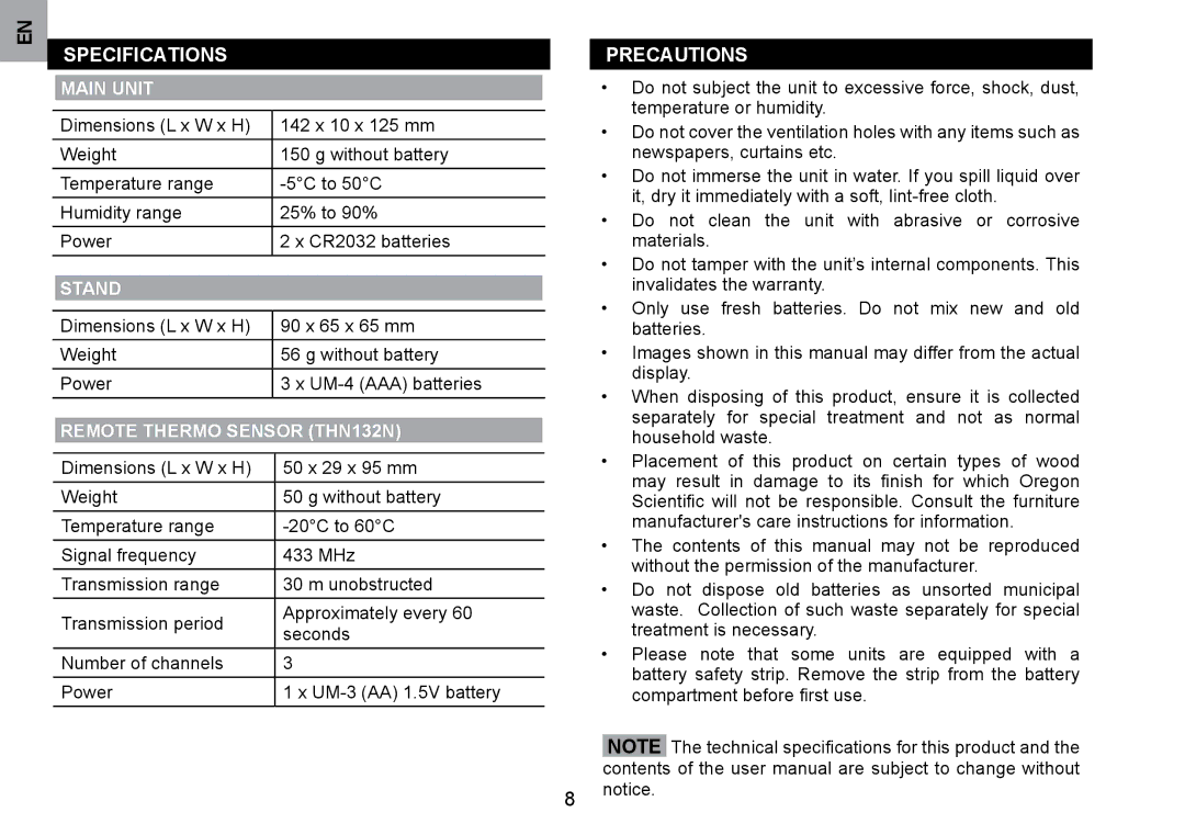 Oregon Scientific WMH800 user manual Specifications, Precautions, Main Unit, Remote Termo Sensor TN132N 