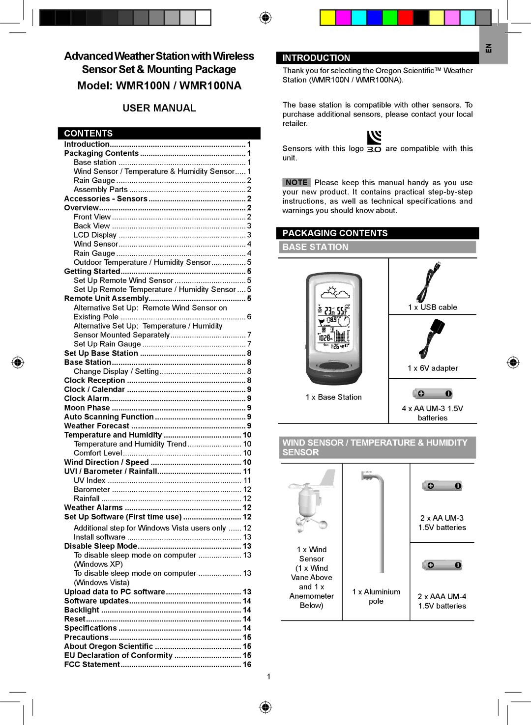 Oregon Scientific WMR100NA user manual Packaging Contents Base Station, Wind Sensor / Temperature & Humidity Sensor 