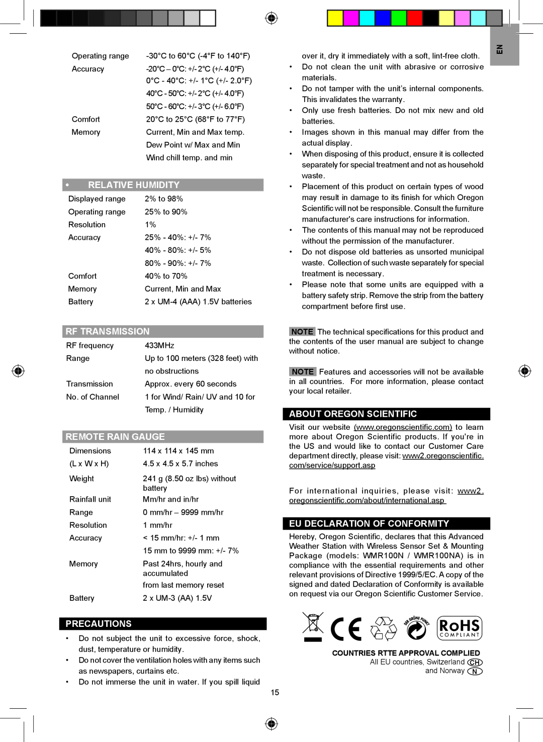 Oregon Scientific WMR100NA user manual Relative Humidity, RF Transmission, Remote Rain Gauge, Precautions 