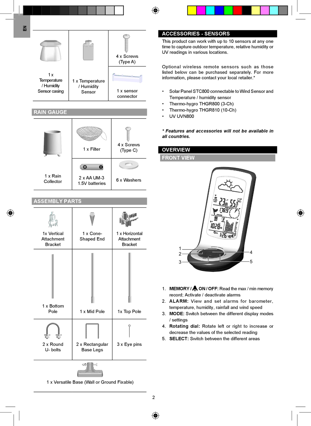 Oregon Scientific WMR100NA user manual Accessories Sensors, Rain Gauge, Assembly Parts, Overview Front View 