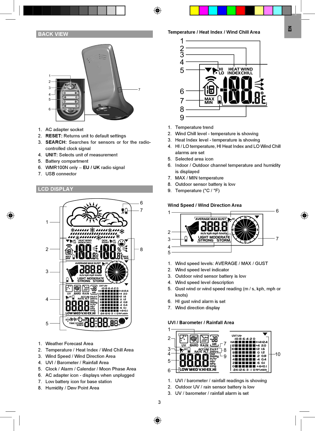 Oregon Scientific WMR100NA user manual Back View, LCD Display, Temperature / Heat Index / Wind Chill Area 