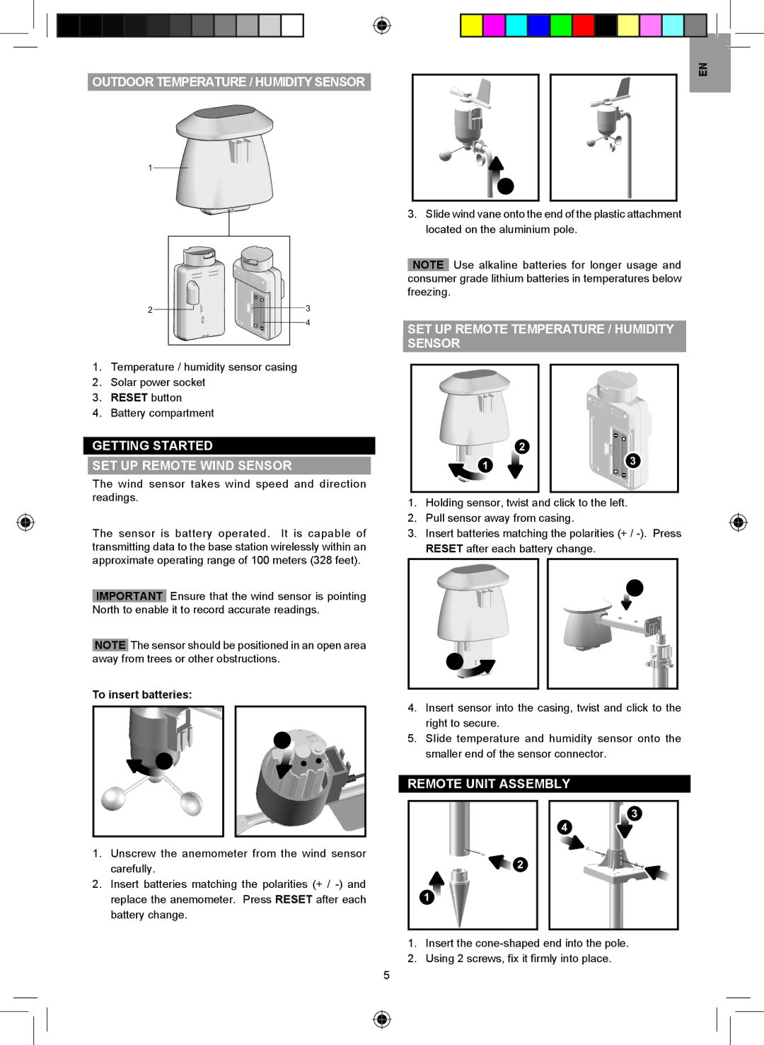 Oregon Scientific WMR100NA user manual Outdoor Temperature / Humidity Sensor, Getting Started SET UP Remote Wind Sensor 