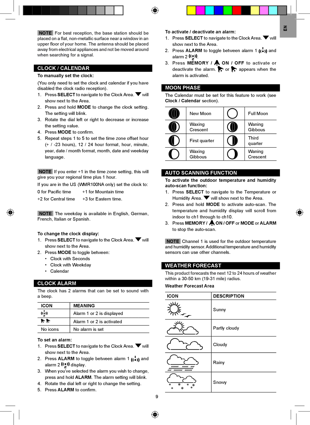 Oregon Scientific WMR100NA user manual Clock / Calendar, Clock Alarm, Moon Phase, Auto Scanning Function, Weather Forecast 