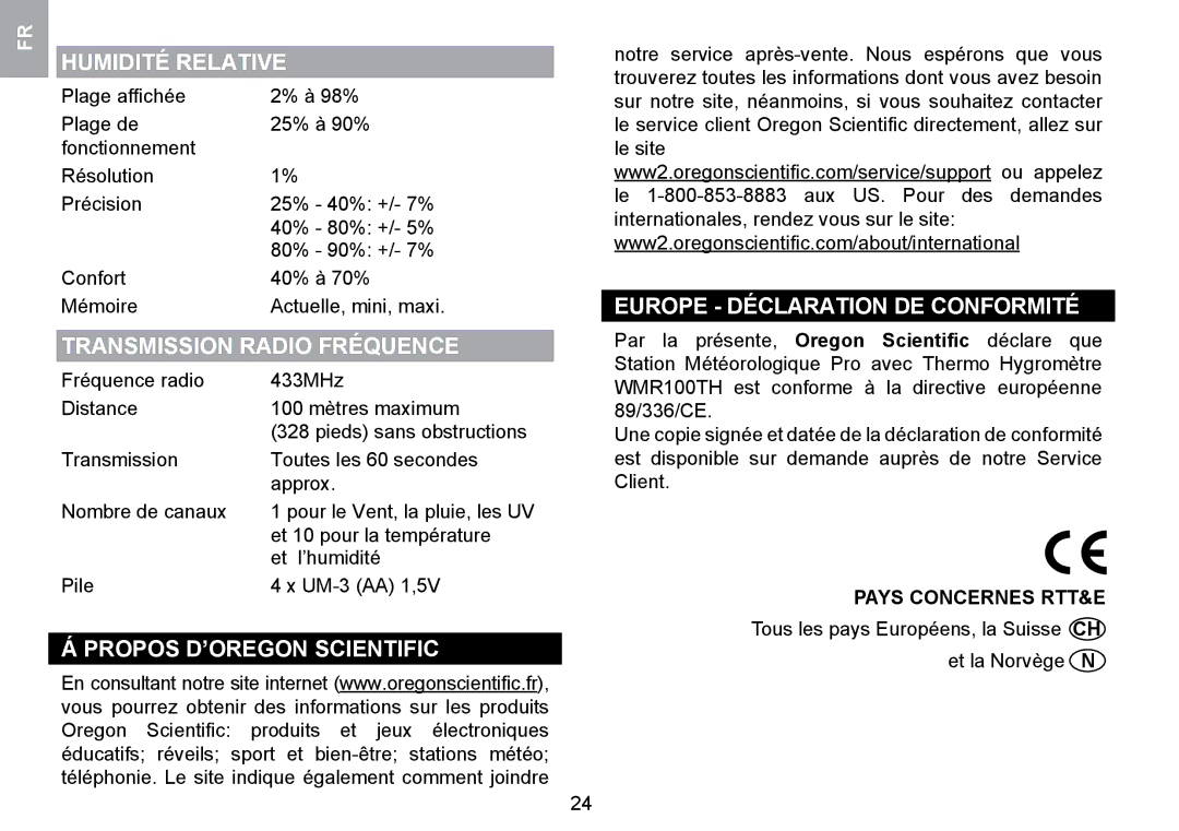 Oregon Scientific WMR100TH user manual Humidité Relative, Transmission Radio Fréquence, Pays Concernes RTT&E 