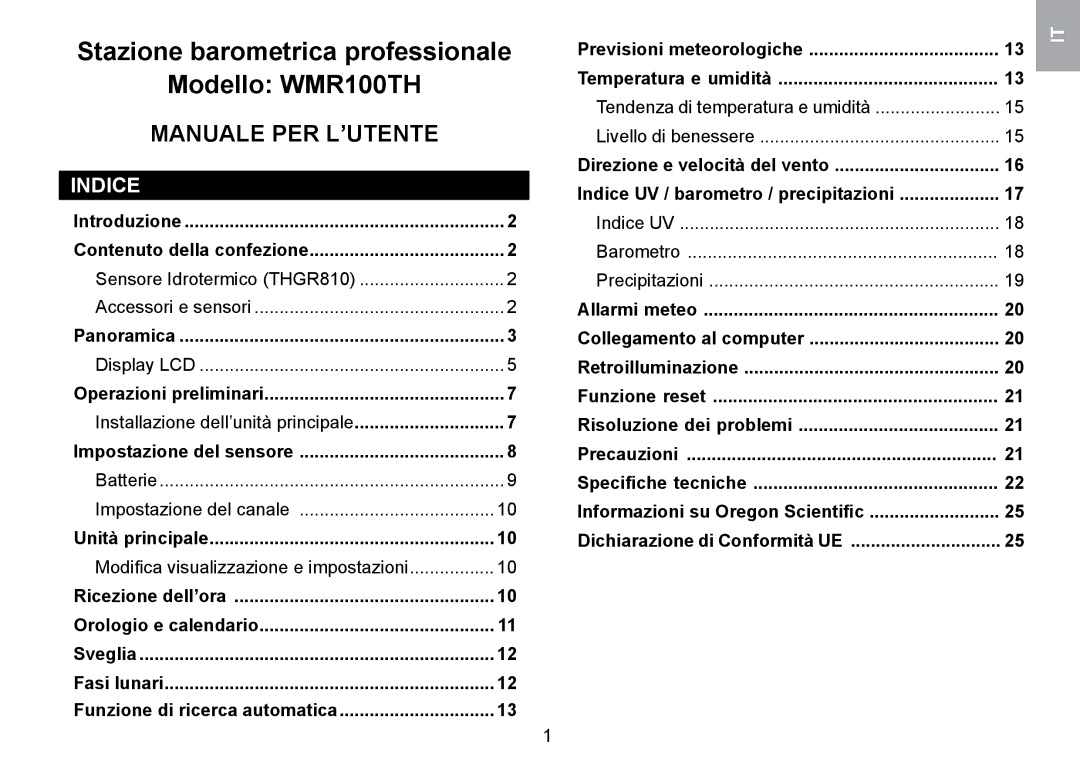 Oregon Scientific user manual Stazione barometrica professionale Modello WMR100TH, Indice 