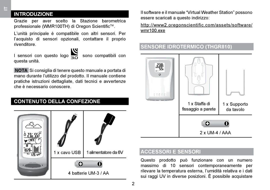 Oregon Scientific WMR100TH Introduzione, Contenuto Della Confezione, Sensore Idrotermico THGR810, Accessori E Sensori 