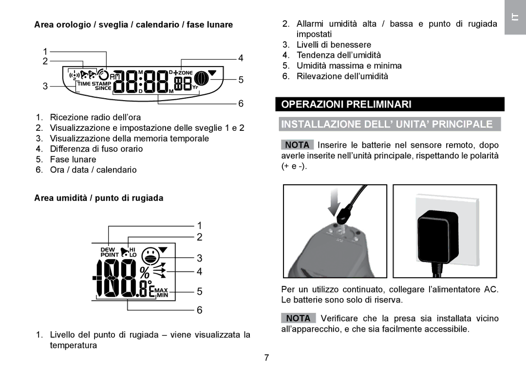 Oregon Scientific WMR100TH user manual Area orologio / sveglia / calendario / fase lunare, Area umidità / punto di rugiada 