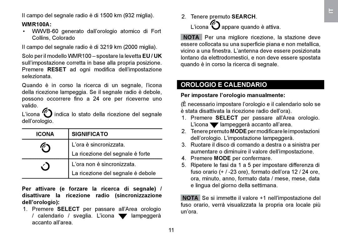 Oregon Scientific WMR100TH user manual Orologio E Calendario, Icona Significato, Per impostare l’orologio manualmente 