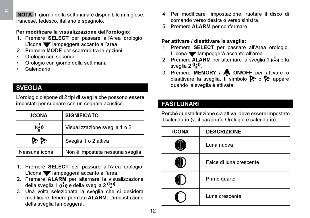 Oregon Scientific WMR100TH user manual Sveglia, Fasi Lunari, Memory, Icona Descrizione 