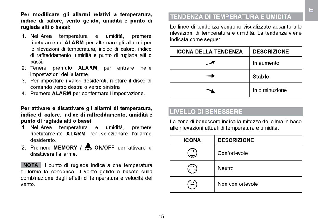 Oregon Scientific WMR100TH Tendenza DI Temperatura E Umidità, Livello DI Benessere, Icona Della Tendenza Descrizione 