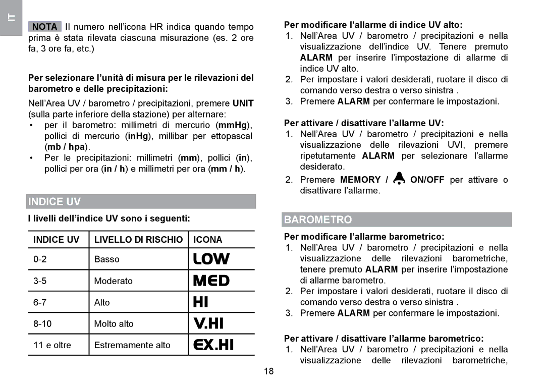 Oregon Scientific WMR100TH user manual Barometro, Indice UV Livello DI Rischio Icona 