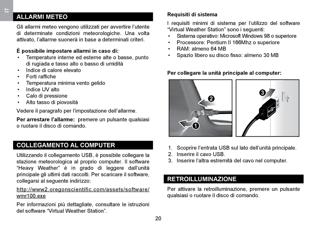 Oregon Scientific WMR100TH user manual Allarmi Meteo, Collegamento AL Computer, Retroilluminazione 