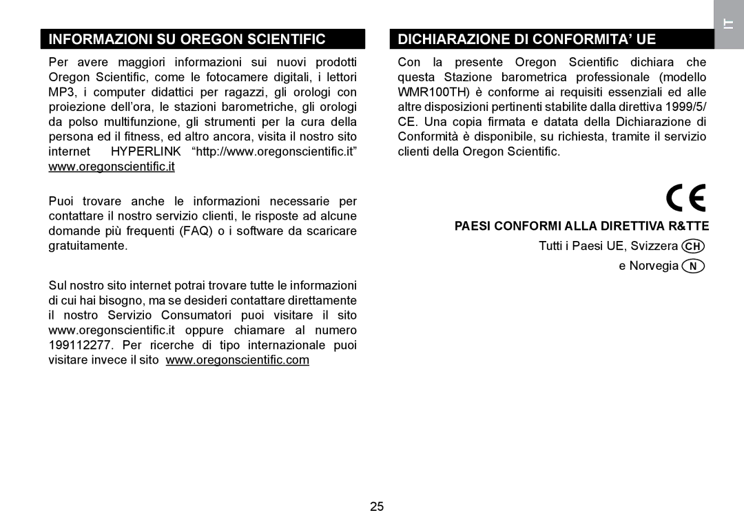 Oregon Scientific WMR100TH user manual Informazioni SU Oregon Scientific, Dichiarazione DI CONFORMITA’ UE 