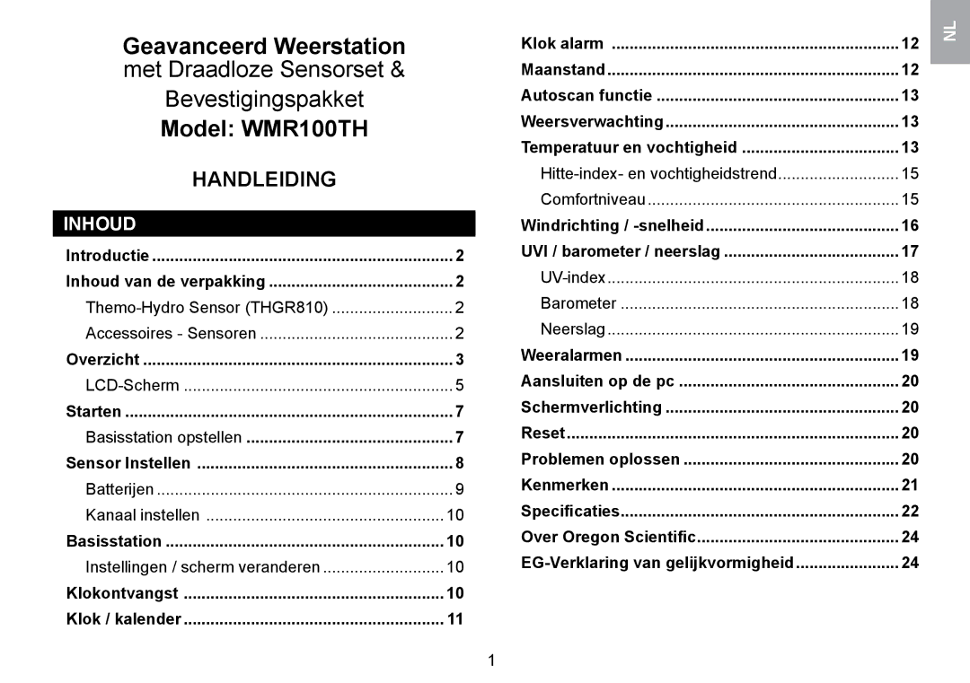 Oregon Scientific WMR100TH user manual Inhoud, Hitte-index- en vochtigheidstrend Comfortniveau 