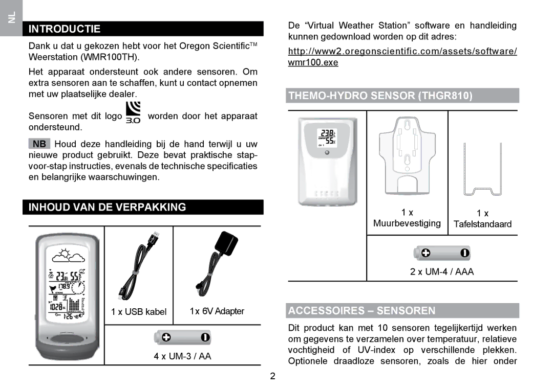 Oregon Scientific WMR100TH Introductie, Inhoud VAN DE Verpakking, THEMO-HYDRO Sensor THGR810, Accessoires Sensoren 