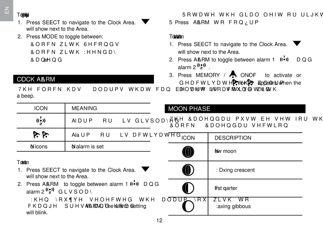 Oregon Scientific WMR100TH user manual Clock Alarm, Moon Phase, Icon Description 