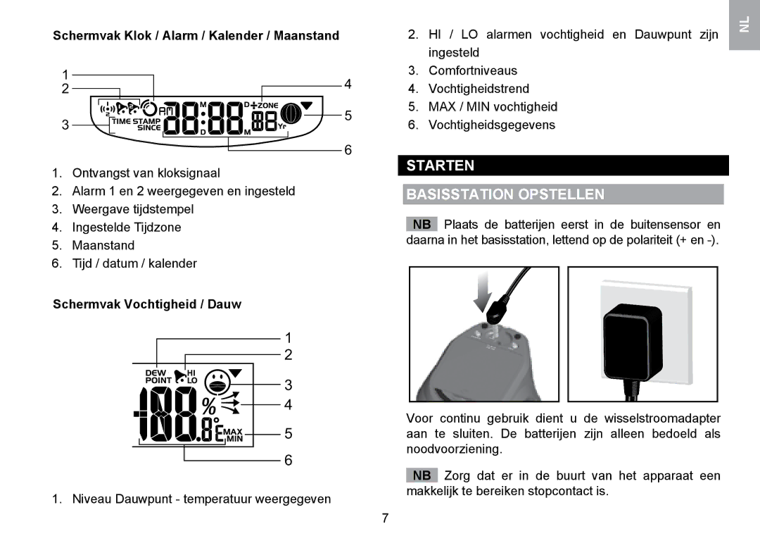 Oregon Scientific WMR100TH user manual Starten Basisstation Opstellen, Schermvak Klok / Alarm / Kalender / Maanstand 