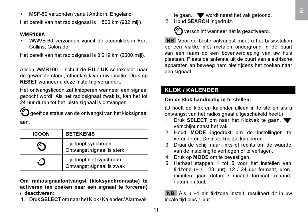 Oregon Scientific WMR100TH user manual Klok / Kalender, Icoon Betekenis, Om de klok handmatig in te stellen 