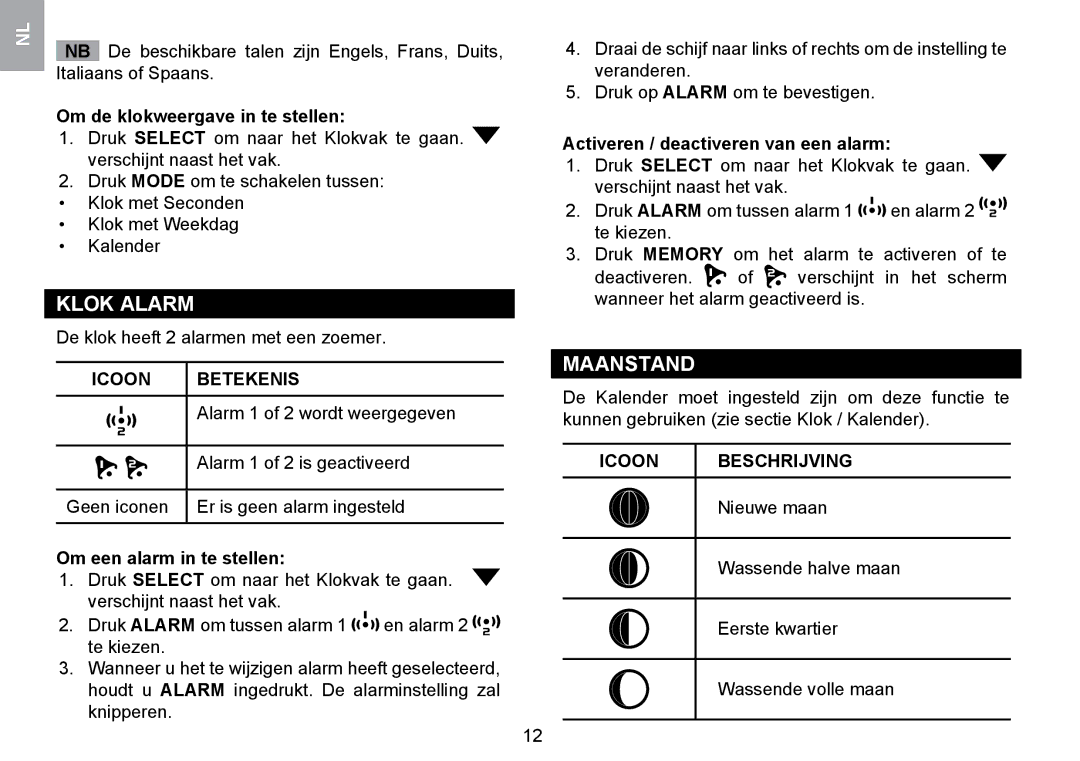 Oregon Scientific WMR100TH user manual Klok Alarm, Maanstand, Icoon Beschrijving 