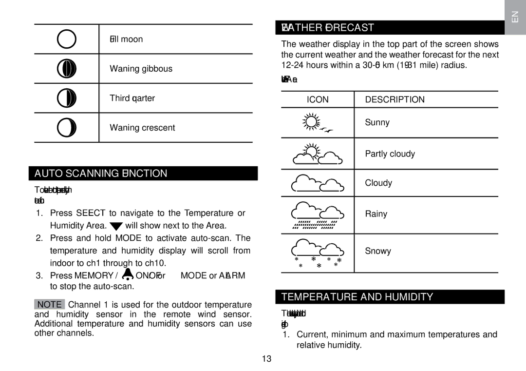 Oregon Scientific WMR100TH user manual Auto Scanning Function, Temperature and Humidity, Weather Forecast Area 