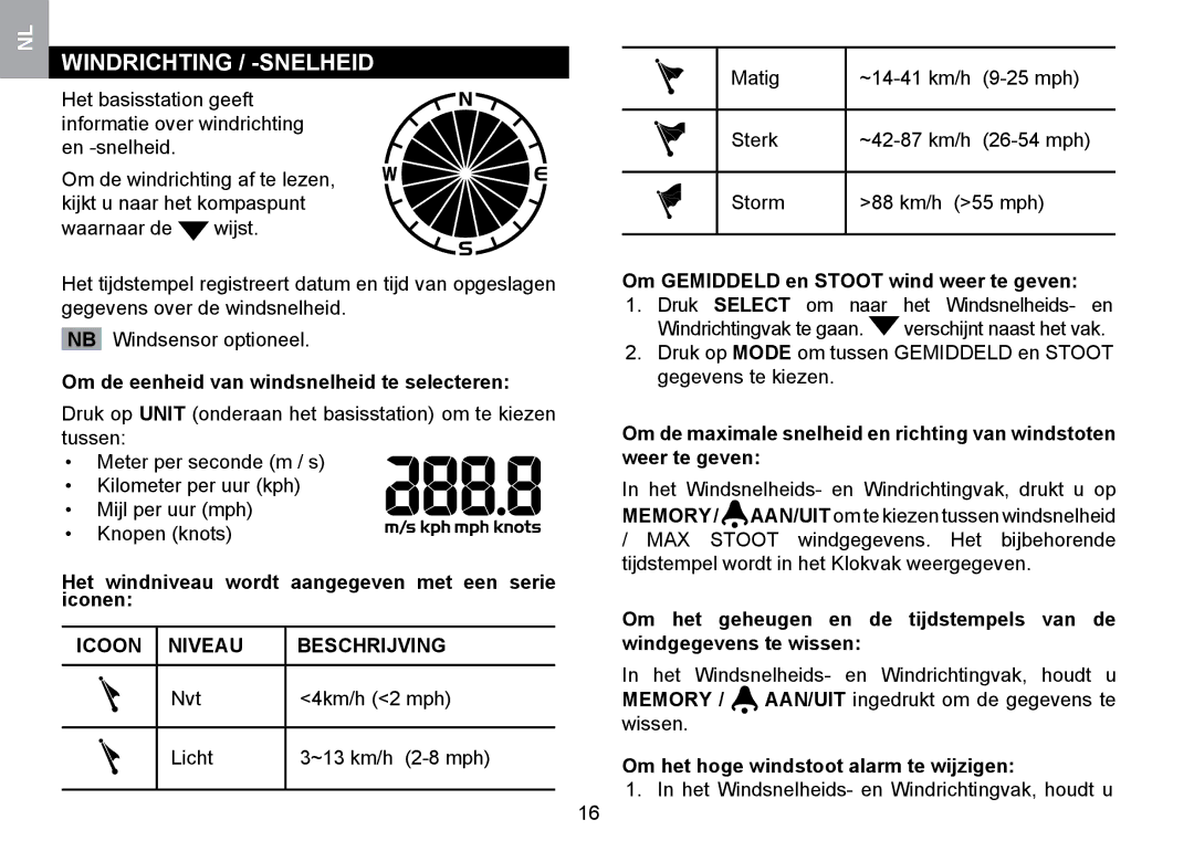 Oregon Scientific WMR100TH user manual Windrichting / -SNELHEID, Icoon Niveau Beschrijving 