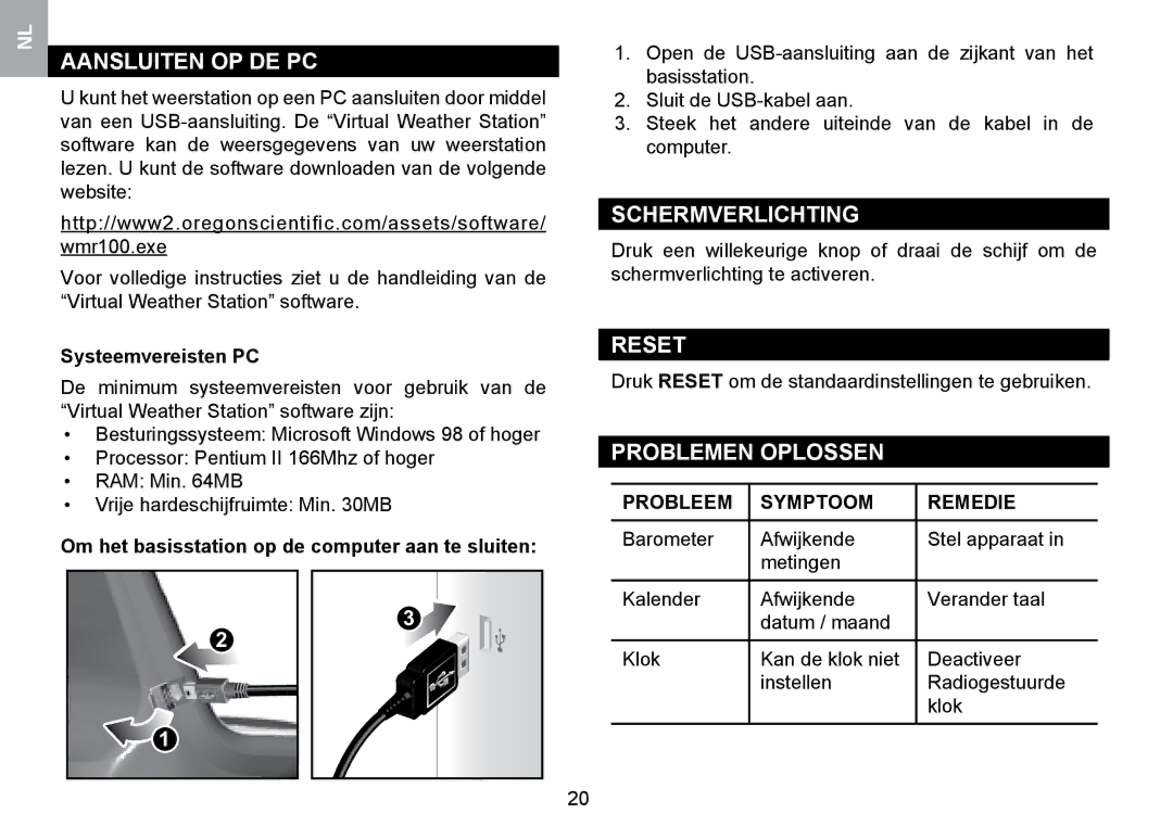 Oregon Scientific WMR100TH Aansluiten OP DE PC, Schermverlichting, Problemen Oplossen, Probleem Symptoom Remedie 