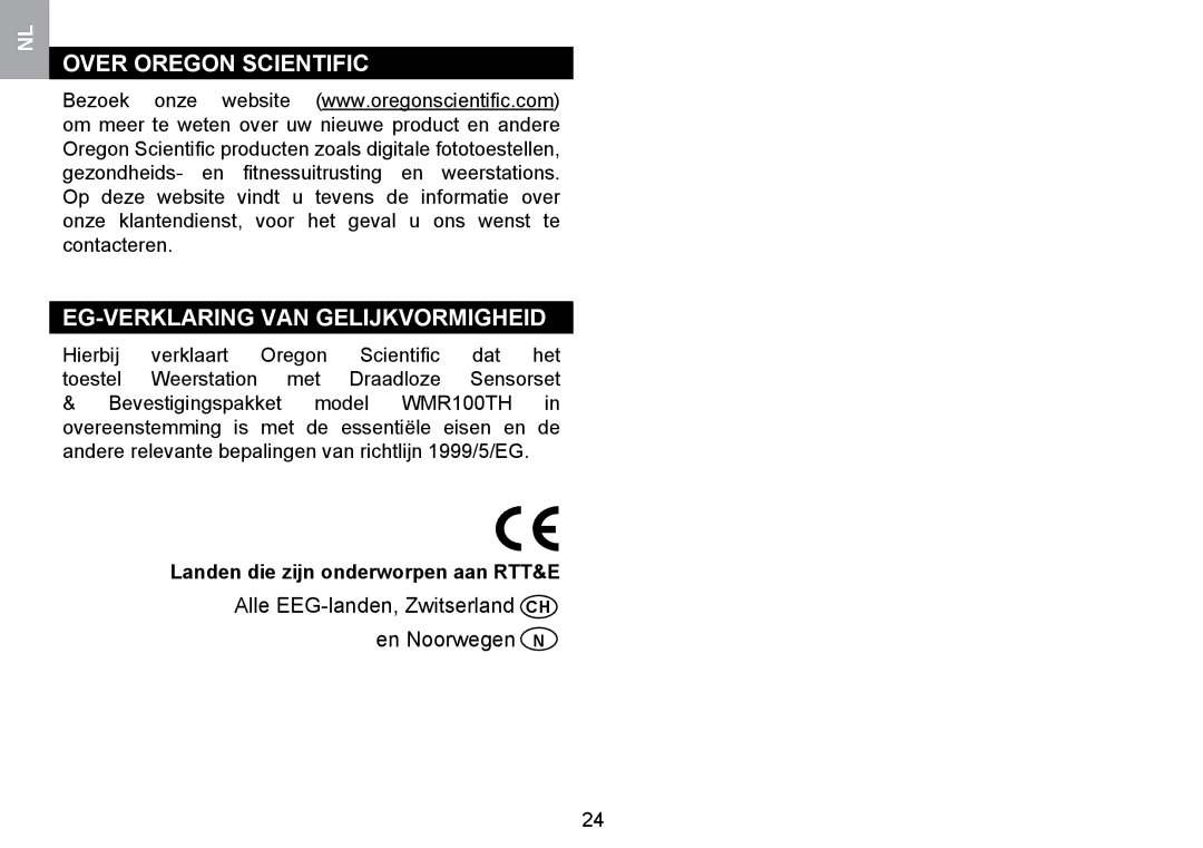 Oregon Scientific WMR100TH user manual Over Oregon Scientific EG-VERKLARING VAN Gelijkvormigheid 