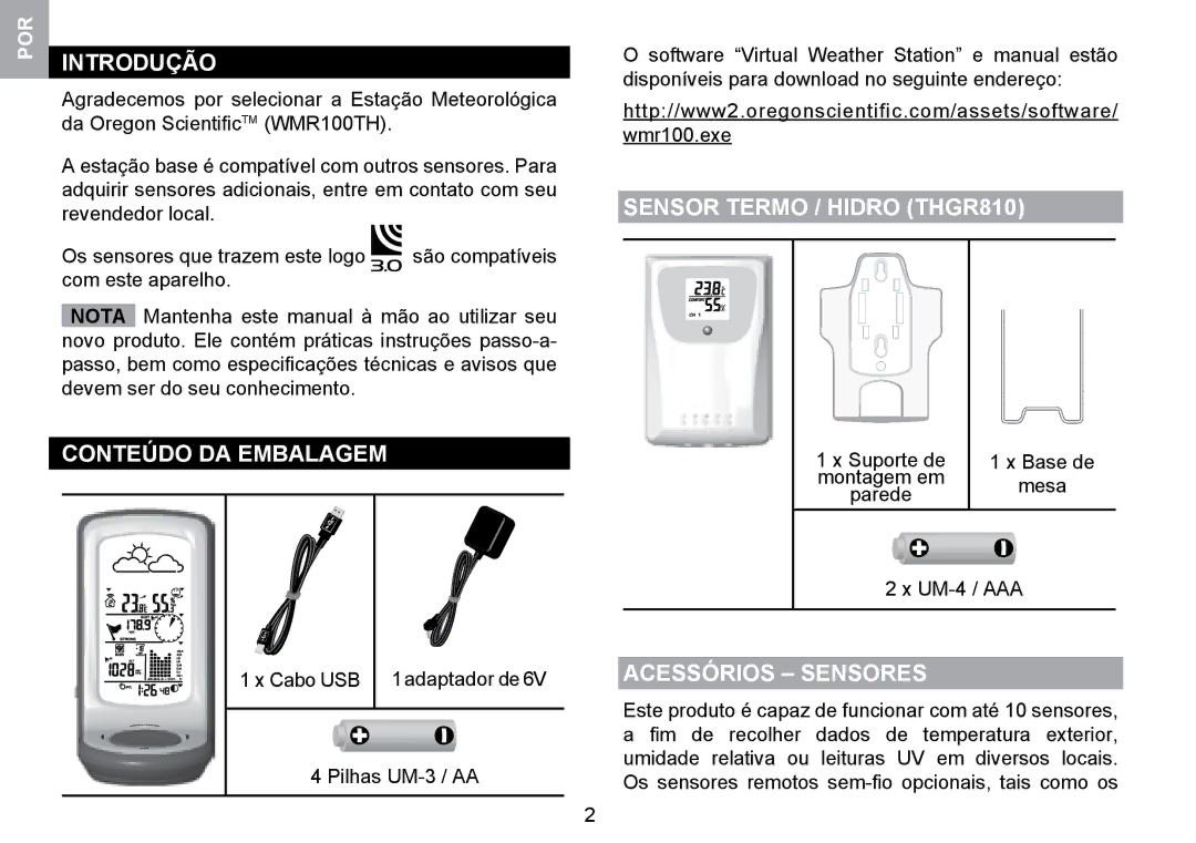 Oregon Scientific WMR100TH user manual Introdução, Conteúdo DA Embalagem, Sensor Termo / Hidro THGR810, Acessórios Sensores 