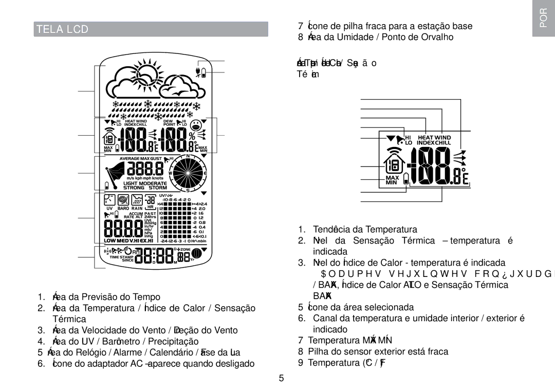 Oregon Scientific WMR100TH user manual Tela LCD, Área da Temperatura / Índice de Calor / Sensação Térmica 