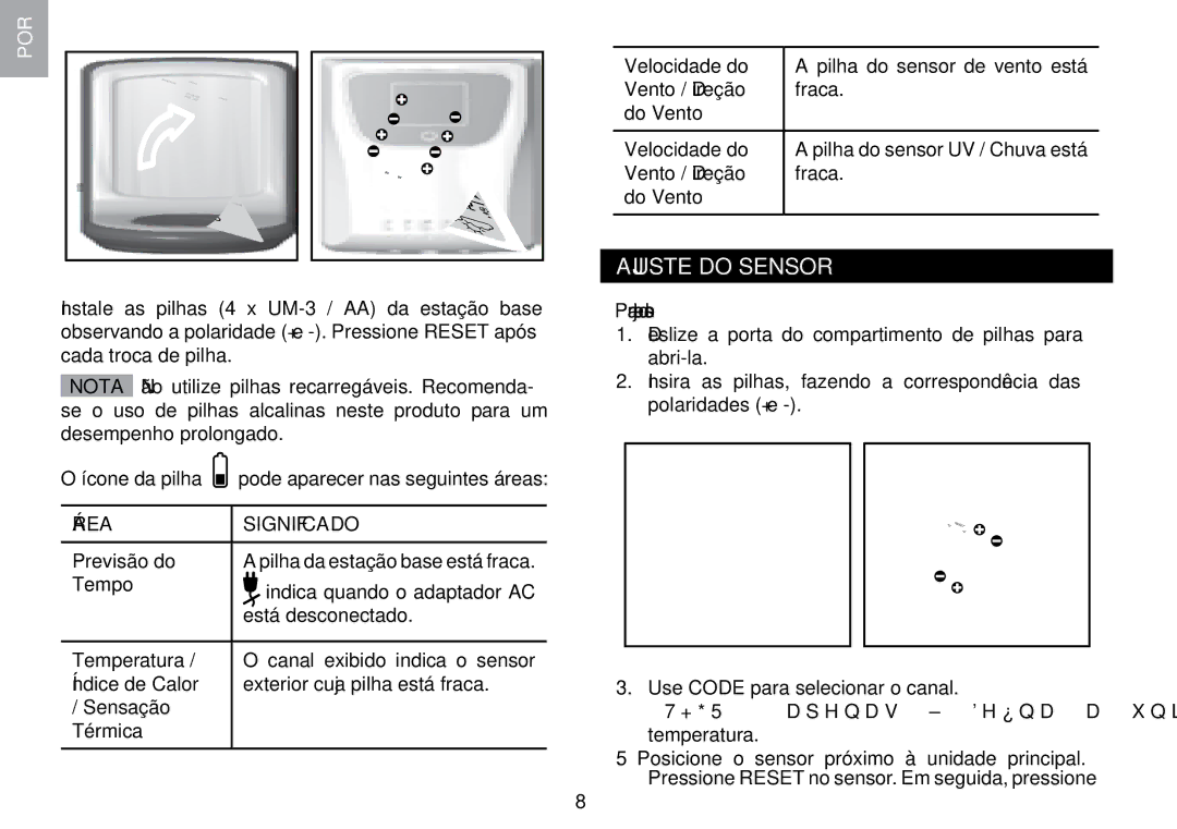 Oregon Scientific WMR100TH user manual Ajuste do Sensor, Para ajuste do sensor 