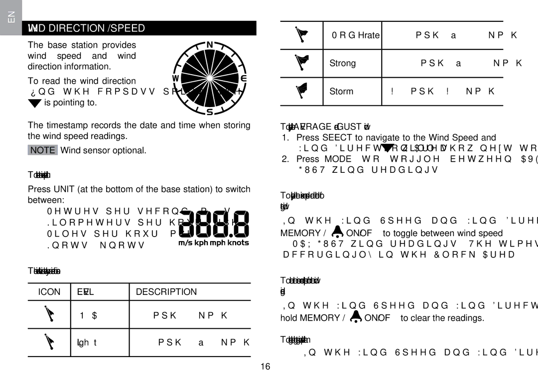 Oregon Scientific WMR100TH user manual Wind Direction / Speed, Icon Level Description 