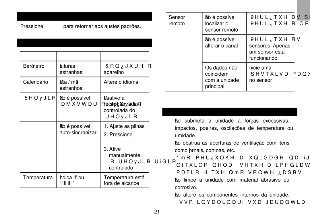 Oregon Scientific WMR100TH user manual Solução DE Problemas, Precauções, Problema Síntoma Solução 