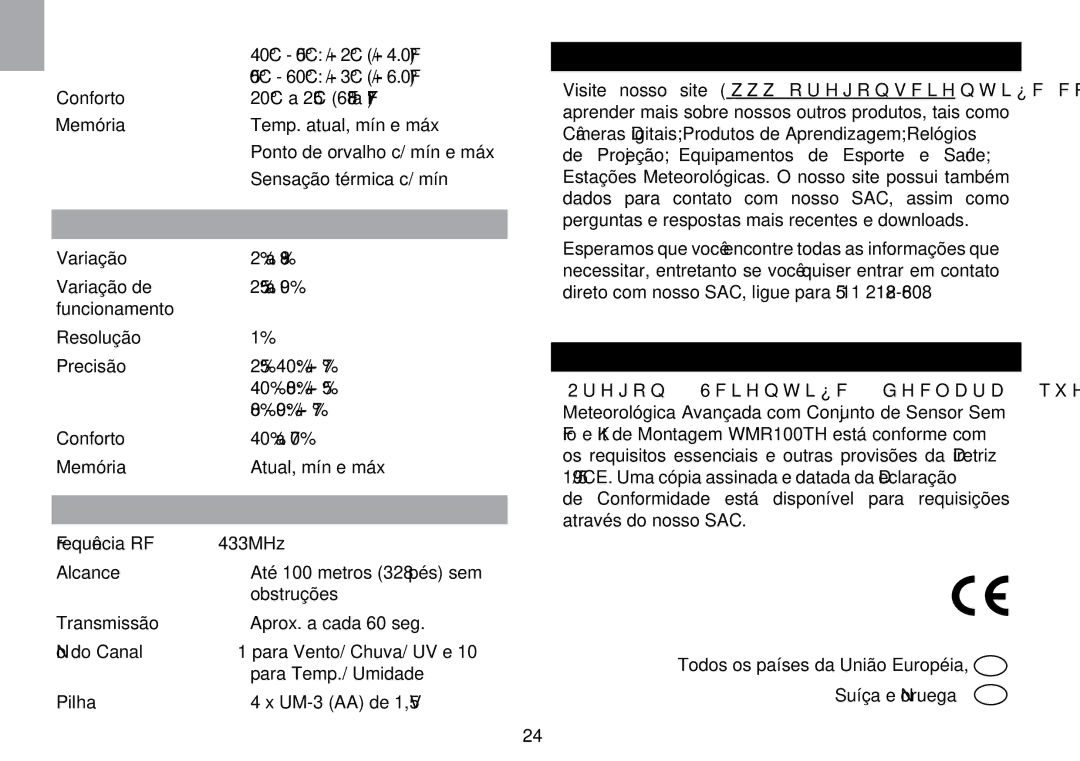 Oregon Scientific WMR100TH Umidade Relativa, Transmissão RF, Sobre a Oregon Scientific, CE Declaração DE Conformidade 