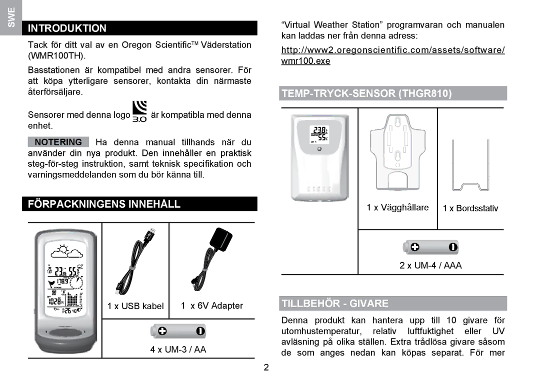 Oregon Scientific WMR100TH user manual Introduktion, Förpackningens Innehåll, TEMP-TRYCK-SENSOR THGR810, Tillbehör Givare 