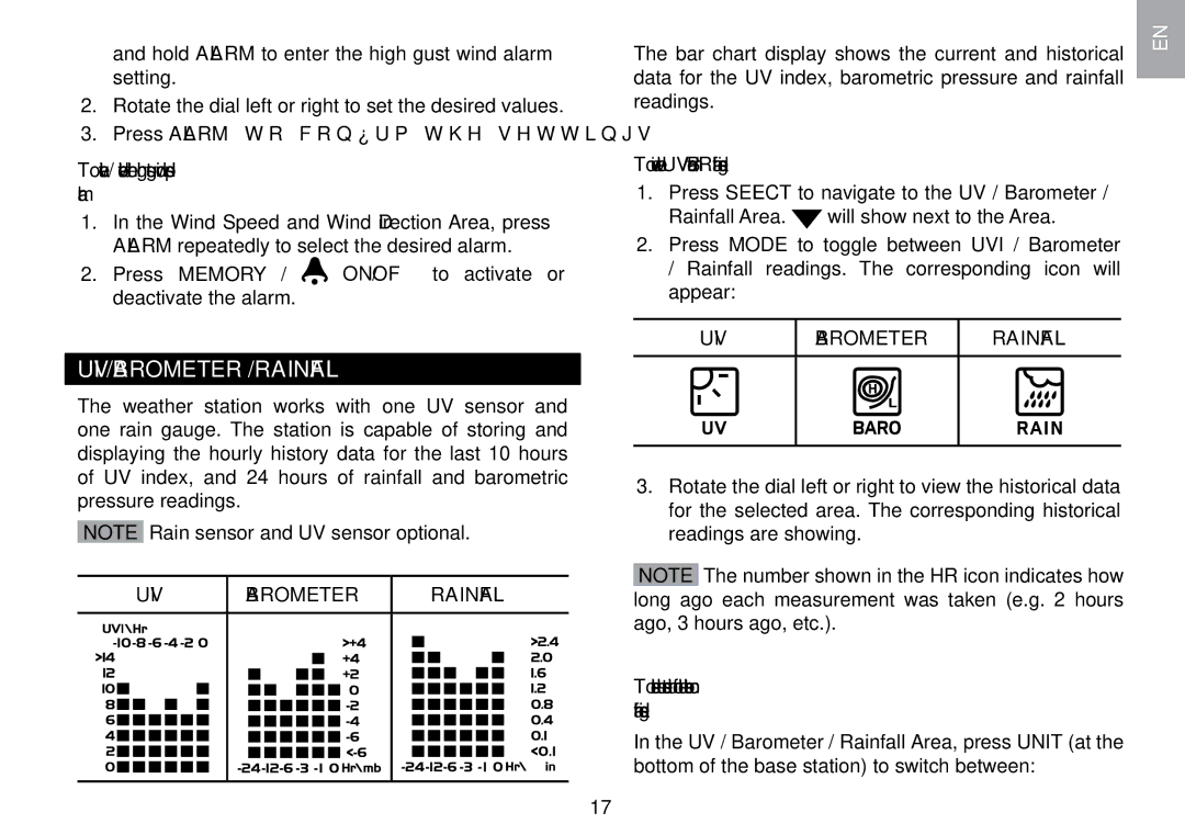 Oregon Scientific WMR100TH user manual UVI / Barometer / Rainfall, To activate / deactivate the high gust wind speed alarm 