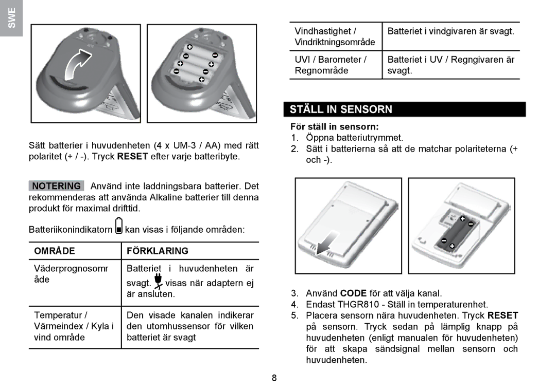 Oregon Scientific WMR100TH user manual Ställ in Sensorn, Område Förklaring, För ställ in sensorn 