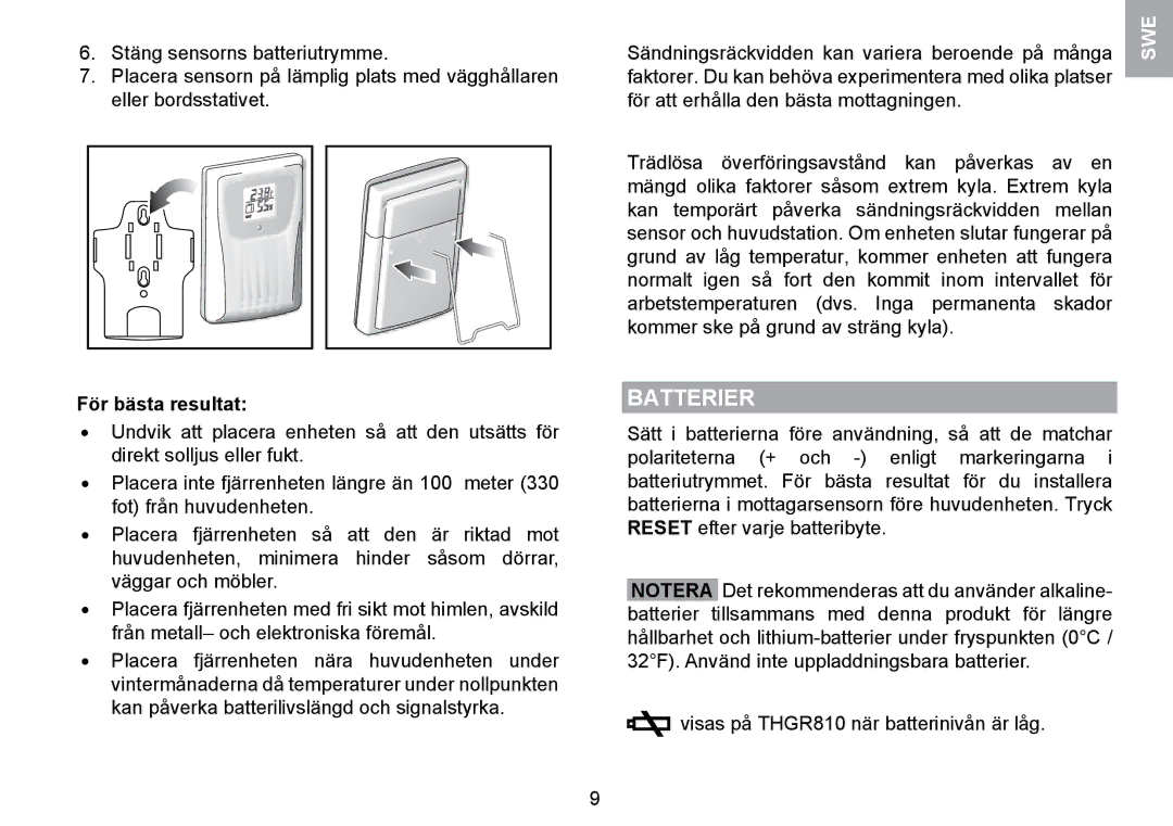 Oregon Scientific WMR100TH user manual Batterier, För bästa resultat 