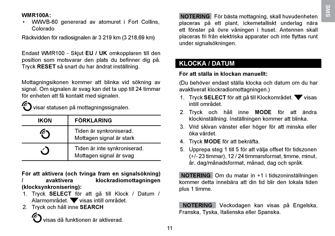 Oregon Scientific WMR100TH user manual Klocka / Datum, Ikon Förklaring, För att ställa in klockan manuellt 